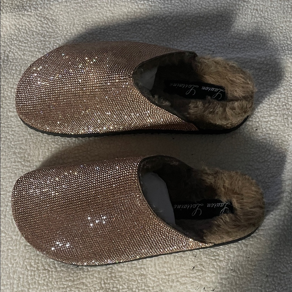 Lizzy style Rose Gold Faux Fir slides